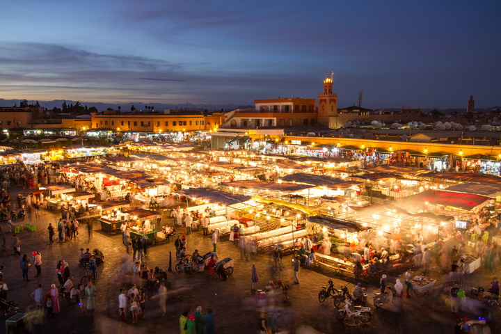 Jamaa,El,Fna,Market,Square,At,Dusk,,Marrakesh,,Morocco,,North